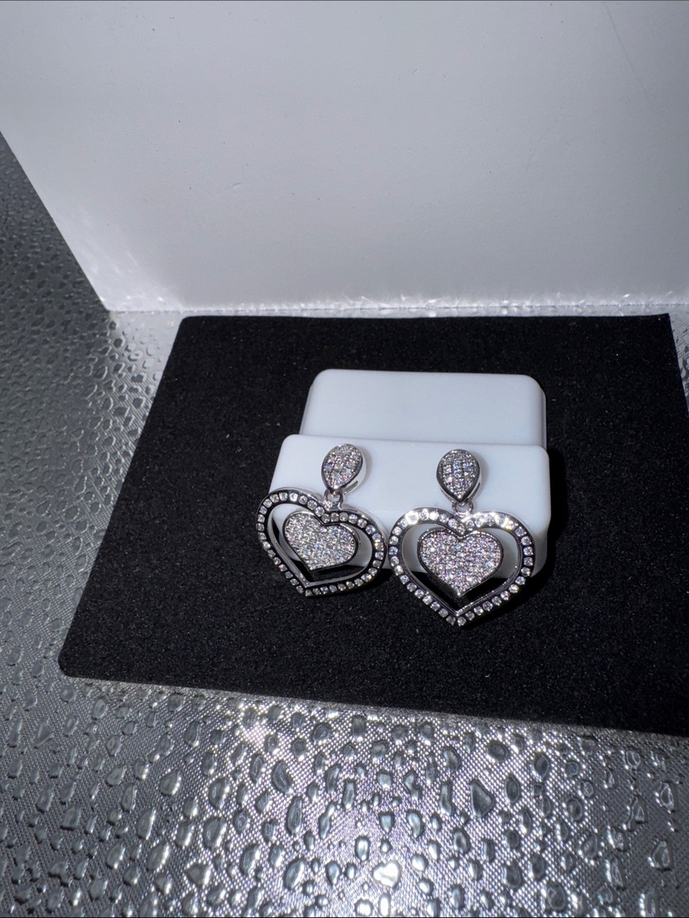 Pavé Heart Drop Earrings in Silver Tone